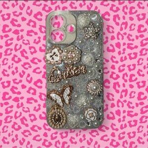 Sparkling Silver Decorative Phone Case with Pearl & Crystal Accents